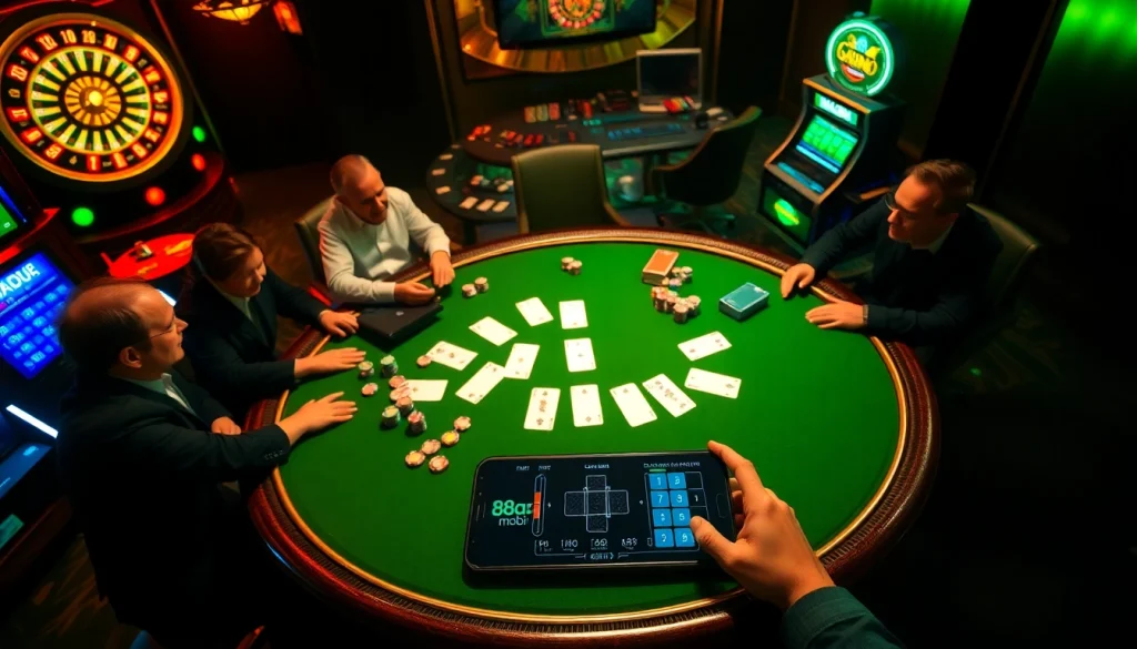 Experience the thrills of gambling at 88aa mobi while playing poker with vibrant chips and cards in a luxurious casino.