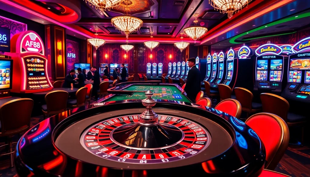 AF88 showcases a vibrant roulette table with eager players in an upscale casino environment.