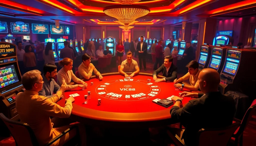 Vic88 players enjoying a thrilling poker game in a vibrant casino setting.
