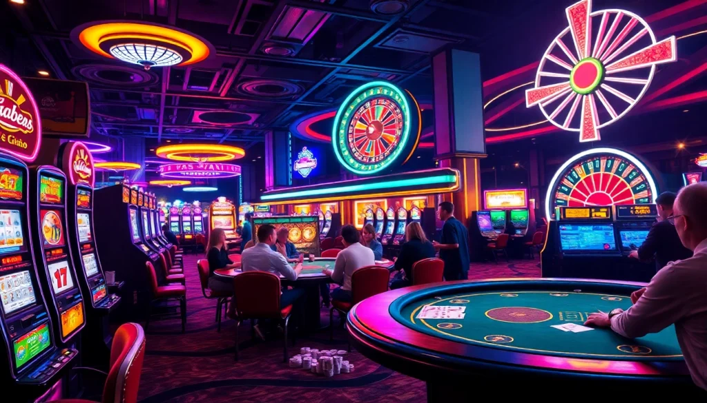 Experience keonhacai excitement with players engaging at poker tables amidst dazzling casino lights.