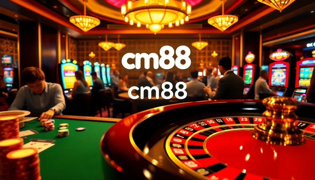 Engaging scene of gambling action at a luxurious casino highlighting cm88 in art deco decor.