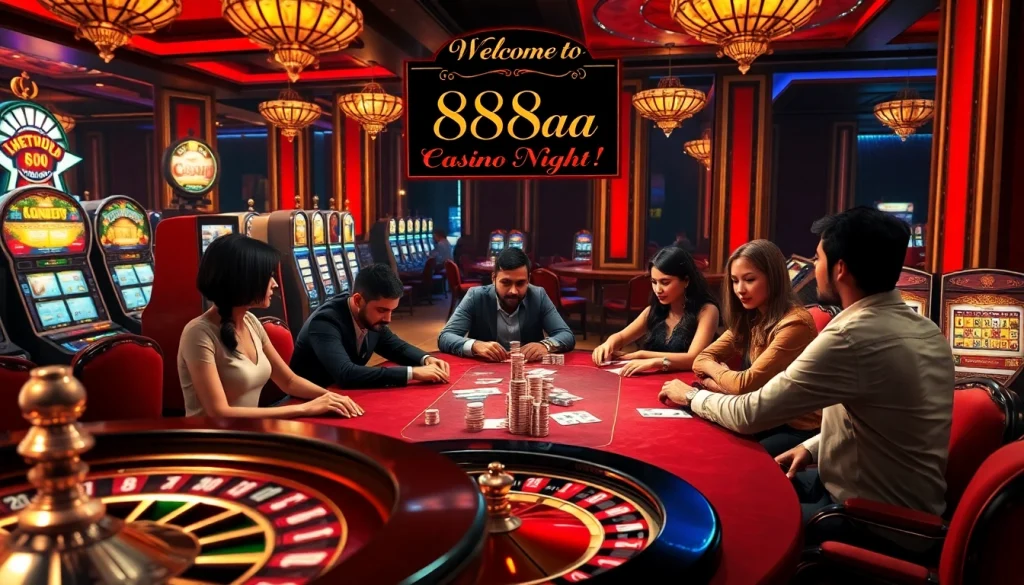 Explore the excitement of 88aa Casino with players enjoying poker and vibrant slot machines.
