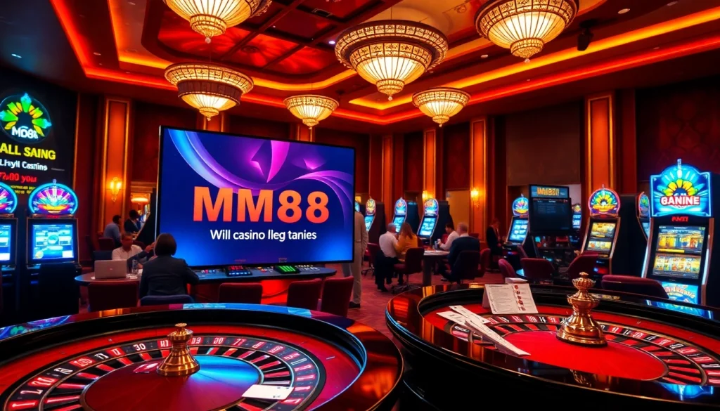 MM88 gaming interface illuminating a vibrant casino atmosphere with players at roulette and slot machines.