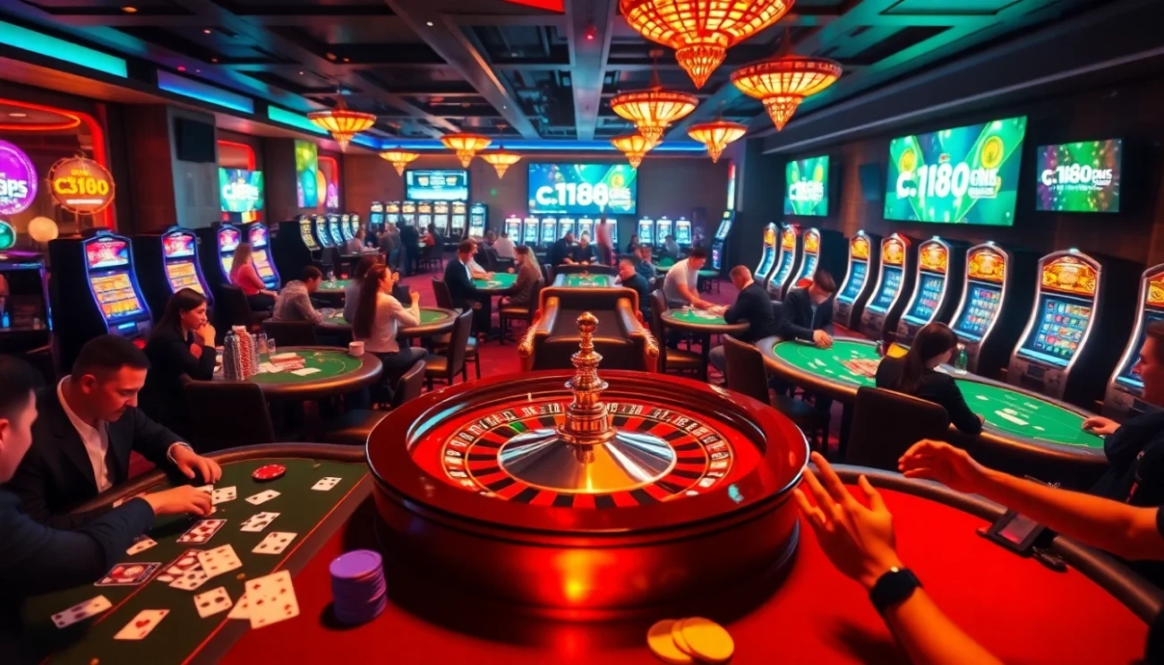 Experience the thrill of the casino with vibrant tables showcasing games from https://c168.mobi/, including poker chips and roulette action.