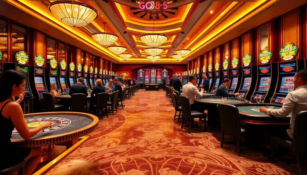 Experience the thrill of go8-inspired casino gaming with players at vibrant tables and slot machines.