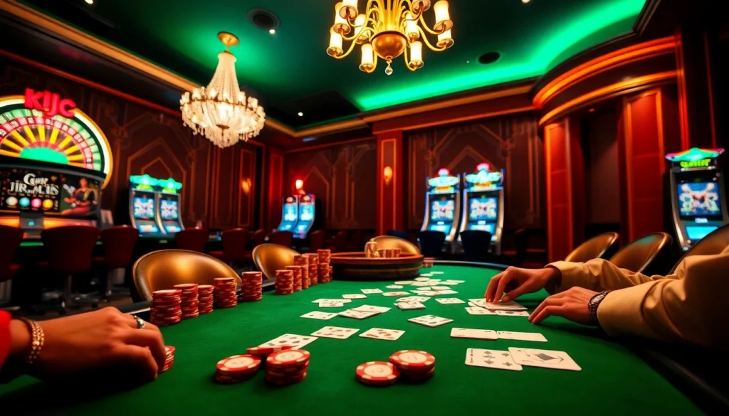 Experience high-stakes gambling at KJC casino, featuring a vibrant poker table with colorful chips and cards.