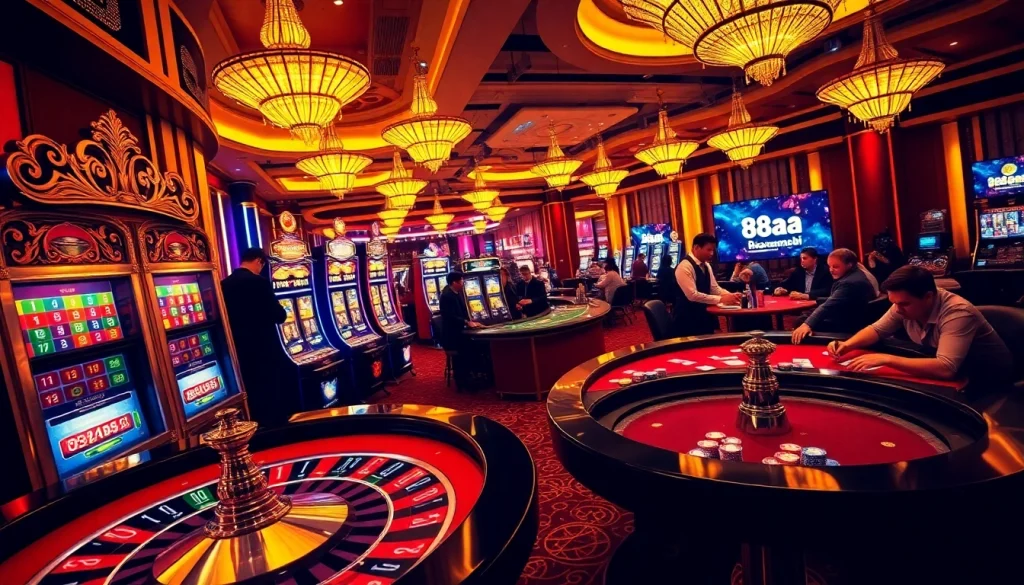 Excited players enjoy diverse games at 88aa mobi casino, showcasing vibrant slot machines and roulette tables.