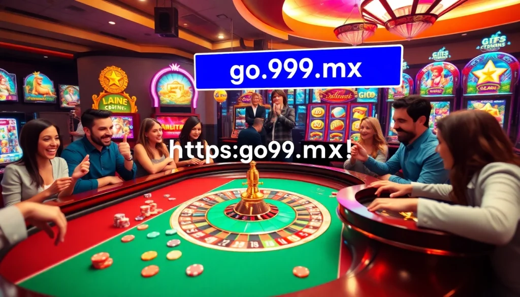 Players engaging in thrilling online roulette at https://go99.mx/, surrounded by vibrant slot machine graphics and colorful chips.