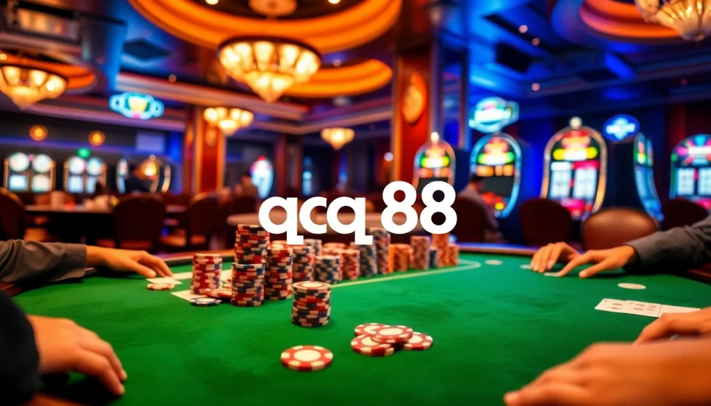 Experience the thrill of gambling with qq 88 at a bustling poker table amidst vibrant casino lights.