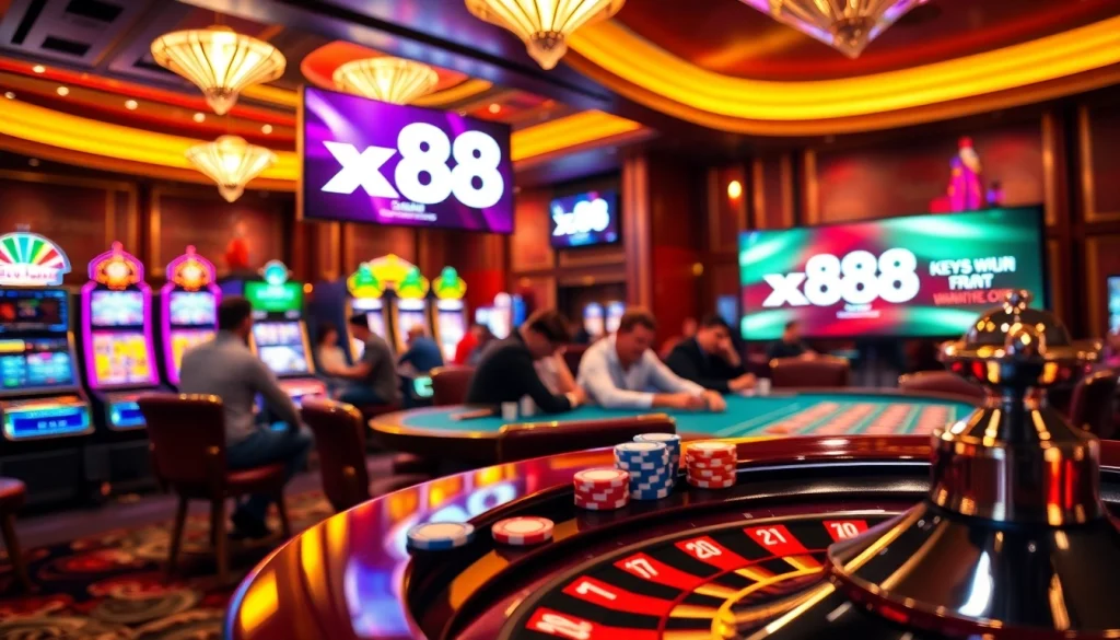 Experience the thrill of gambling at xx88, featuring poker games and vibrant slot machines.