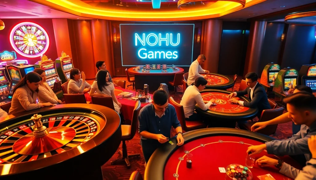 Players at NOHU Games casino tables place bets on roulette wheels and poker hands.