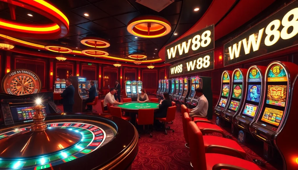 WW88 casino environment showcasing vibrant slot machines, a roulette wheel, and engaging players.