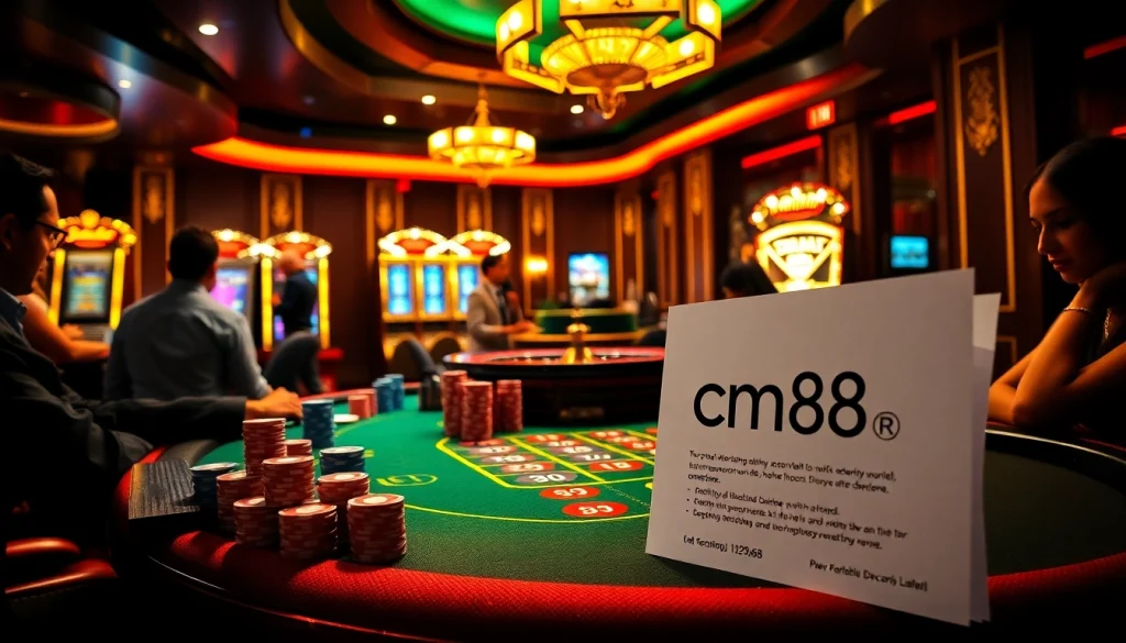 Exciting poker game at a luxurious casino featuring cm88 betting strategies, vibrant poker chips, and a spinning roulette wheel.
