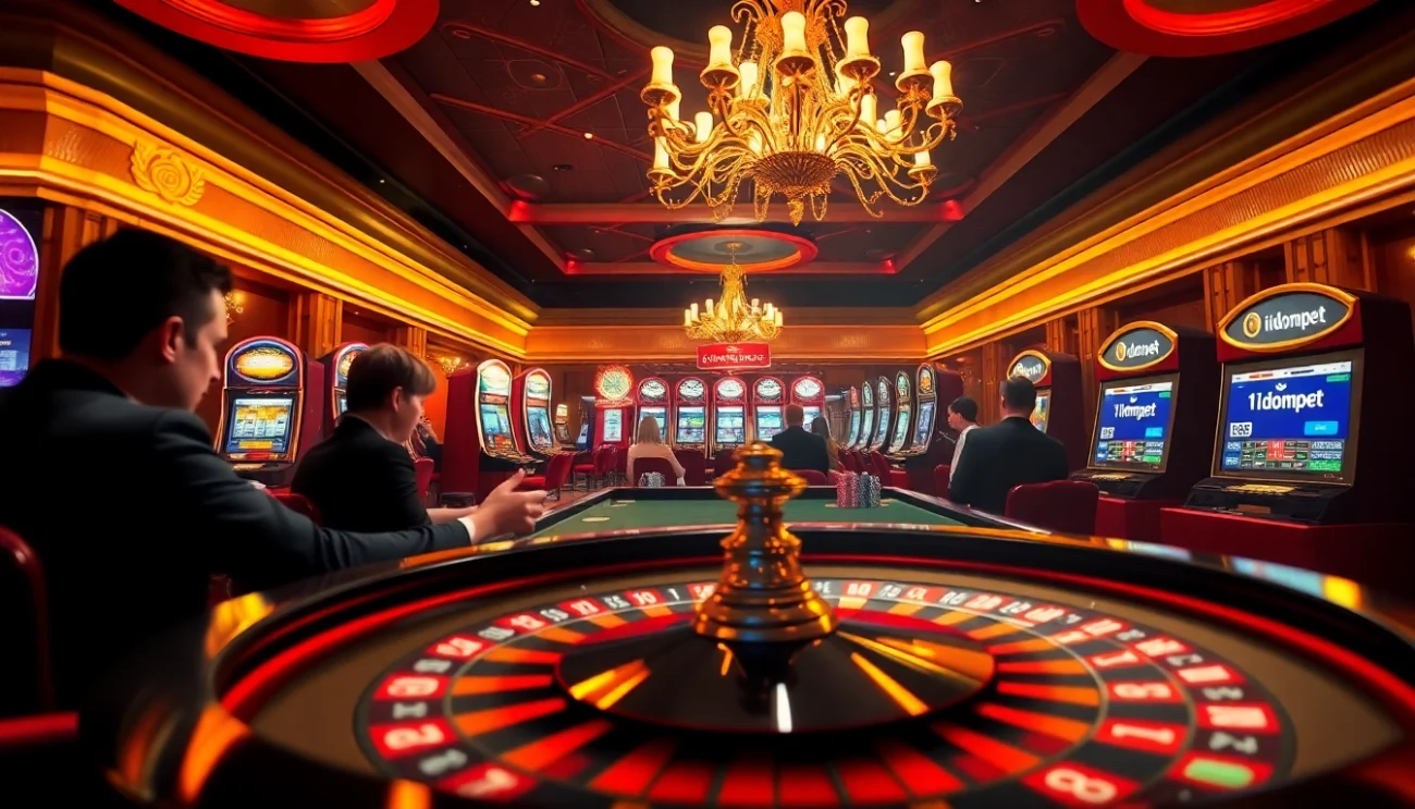 i1dompet players engage in high-stakes gambling at a vibrant casino, with roulette tables and slot machines illuminating the scene.
