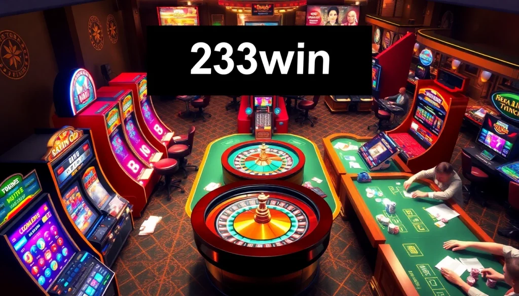 23win's vibrant casino scene showcasing exciting slot machines, dynamic poker tables, and a spinning roulette wheel.
