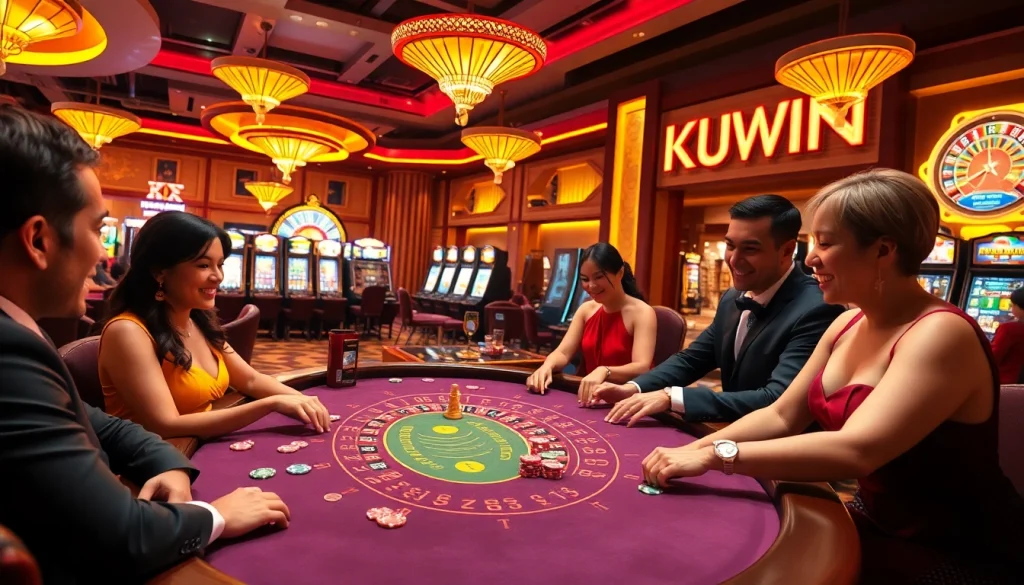 Casino scene showcasing players engaged at a poker table with KUWIN branding on chips, radiating excitement and winning moments.