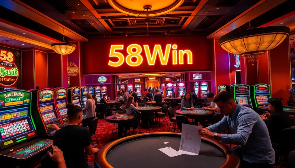 Players celebrating at the 58Win casino with vibrant tables and exciting games.