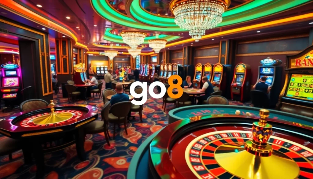 Go8 casino atmosphere showcasing thrilling roulette and poker games in a vibrant setting.
