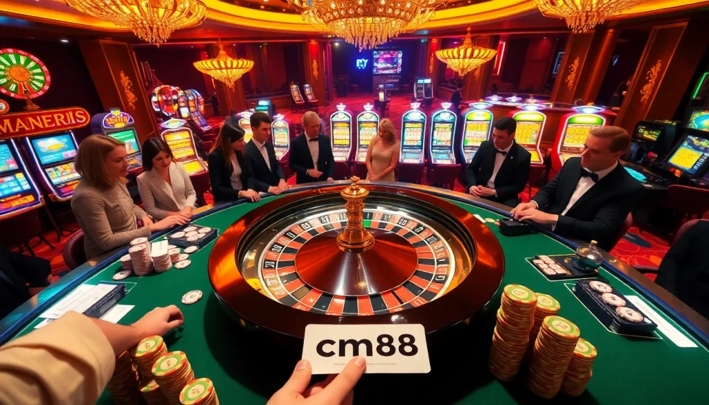 Experience the thrill of high-stakes gambling at cm88 casino, with vibrant roulette tables and poker chips.