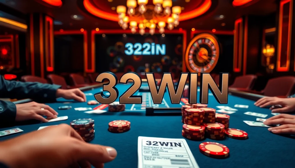 32WIN poker excitement with vibrant chips and engaged players highlights thrilling casino action.