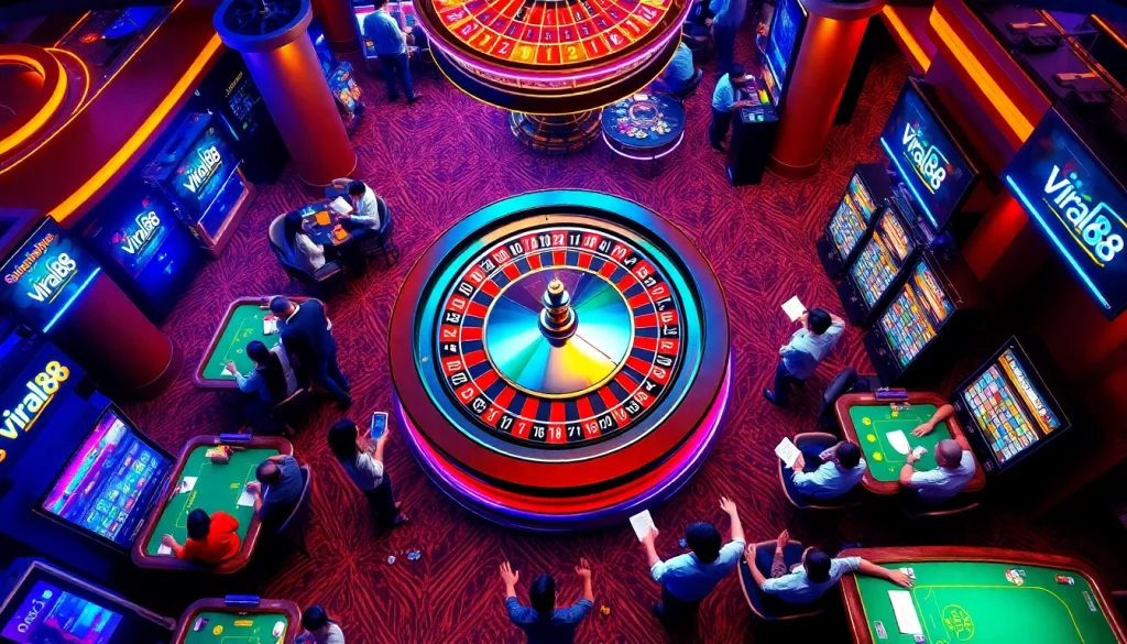 Experience the excitement of gambling at viral88 with players enjoying poker and roulette.