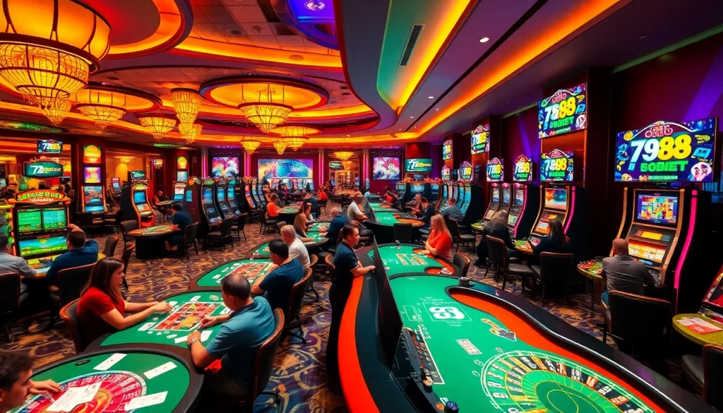 Experience an exhilarating casino atmosphere with players engaged at a 789BET branded roulette table and vibrant slot machines.