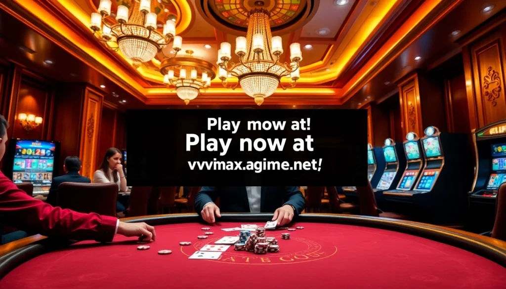 Experience the thrill of gambling with players around a blackjack table at https://vmaxgame.net/, featuring red and gold casino aesthetics.
