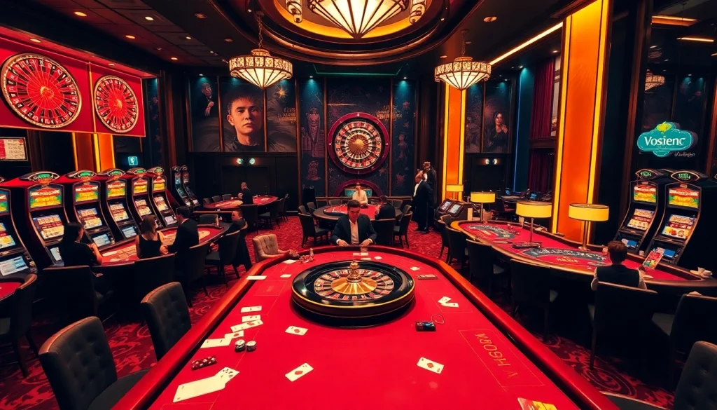 Exciting VMAX Game scene with players at a glamorous casino table and vibrant slot machines.