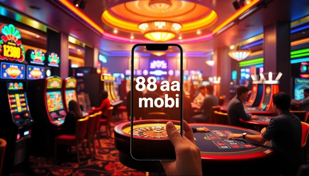 Experience the excitement at a casino with '88aa mobi' showcasing vibrant slot machines and engaging poker games.