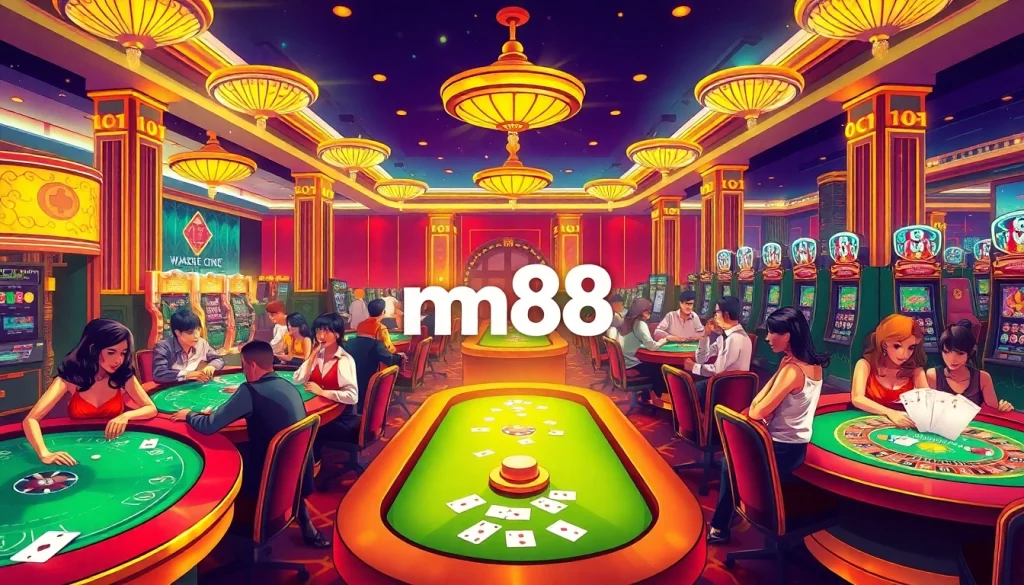 Players engaging in thrilling games at the mm88 casino, showcasing vibrant tables and rich decor.