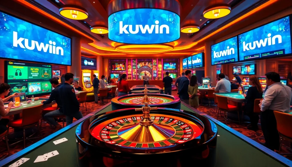 KUWIN casino scene featuring an energetic roulette game with players and vibrant lights.