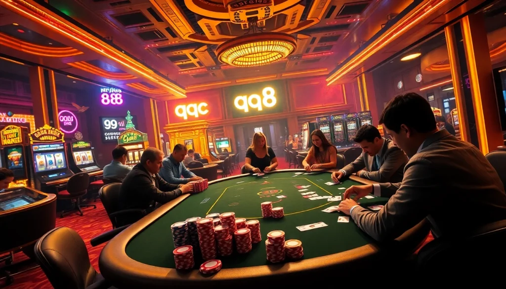 Experience the thrill of qq 88 at our online casino, showcasing players at a poker table with vibrant chips and cards.
