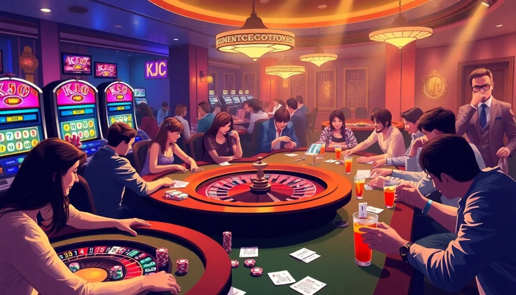 KJC poker tables bustling with players and vibrant slot machines, embodying the thrill of gambling.