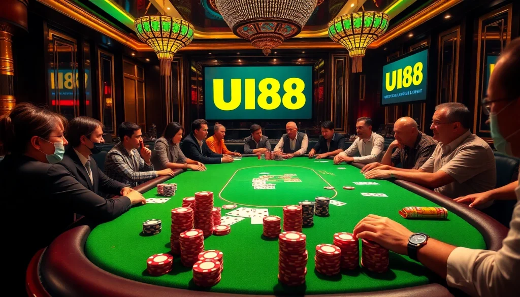 UU88 casino scene featuring a high-stakes poker table filled with vibrant energy and enthusiastic players.