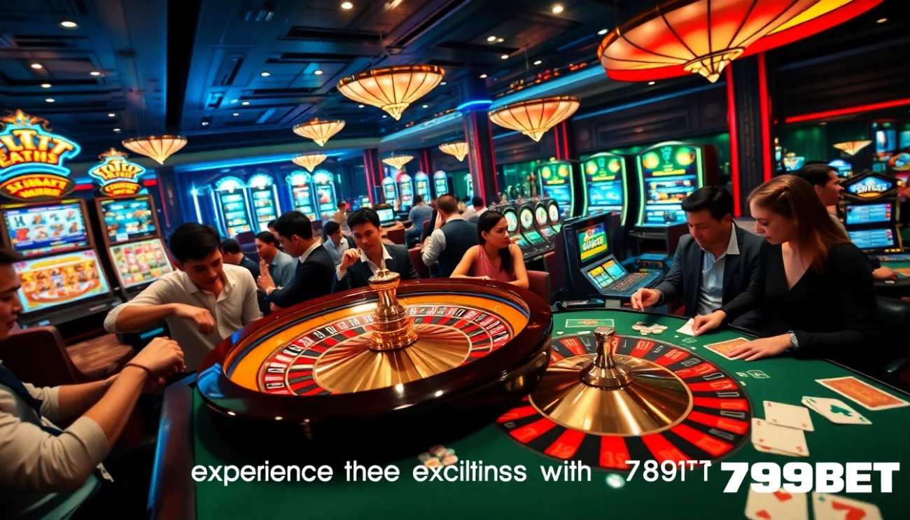 Engage in thrilling casino games at 789BET, featuring players enjoying roulette and poker under vibrant lights.