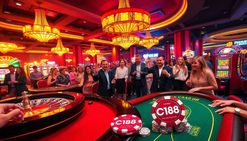 Players enjoying a lively casino atmosphere with C168 poker chips at the tables.