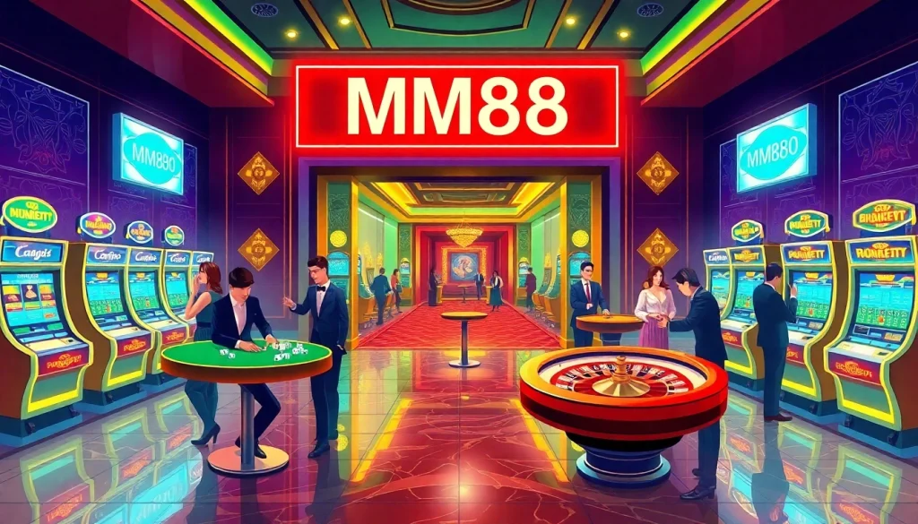 Players enjoying vibrant games at MM88 Casino, featuring poker tables, roulette wheels, and dazzling slot machines.