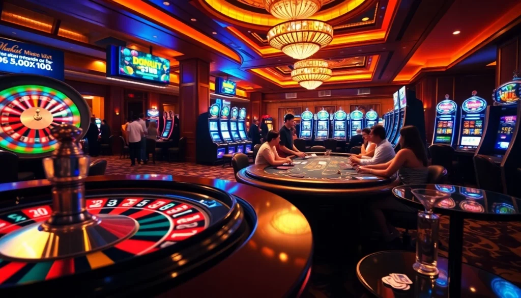 CM88viet showcases players engaged with lively roulette and poker games in a vibrant casino atmosphere.