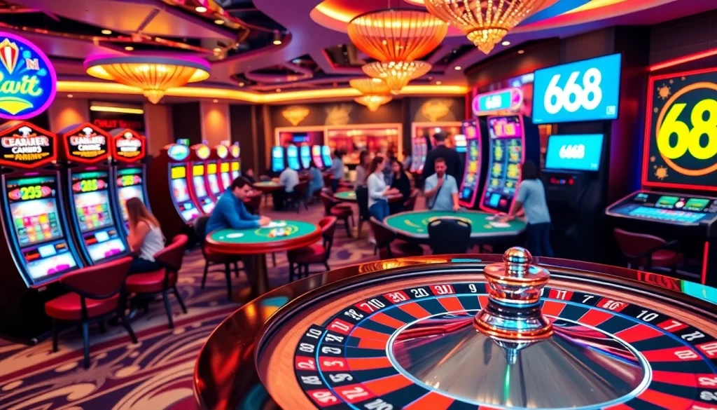 66B showcases an exciting casino scene with roulette, players, and vibrant slot machines.