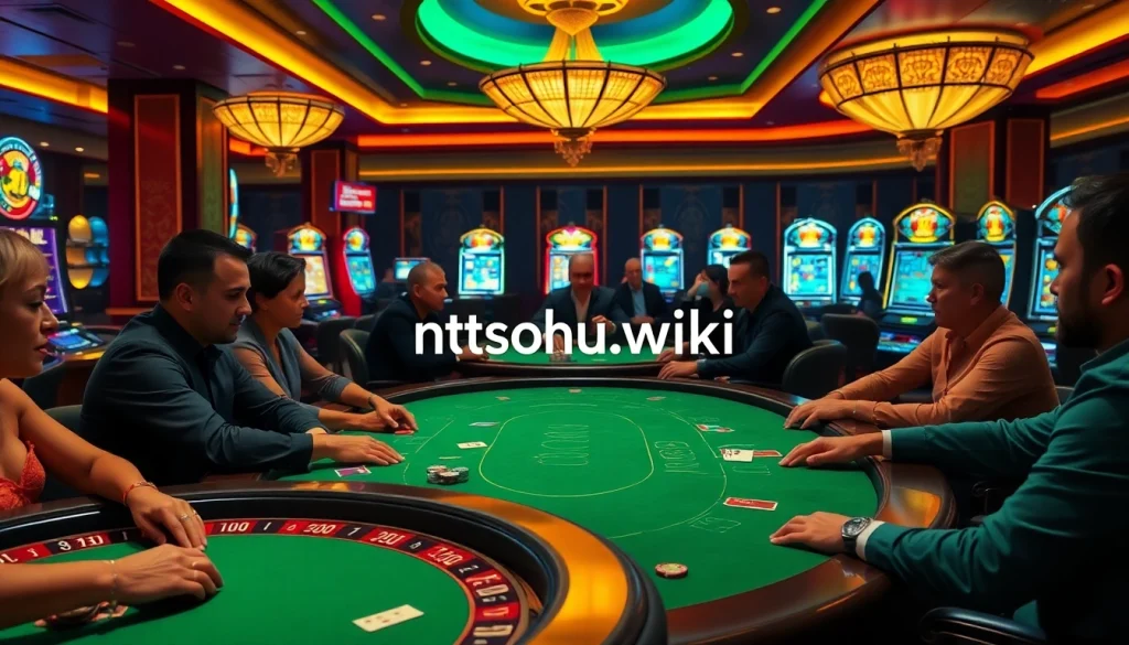 Players engaging in a thrilling poker game at a luxurious casino featuring https://nohu.wiki/ tables filled with chips and cards.