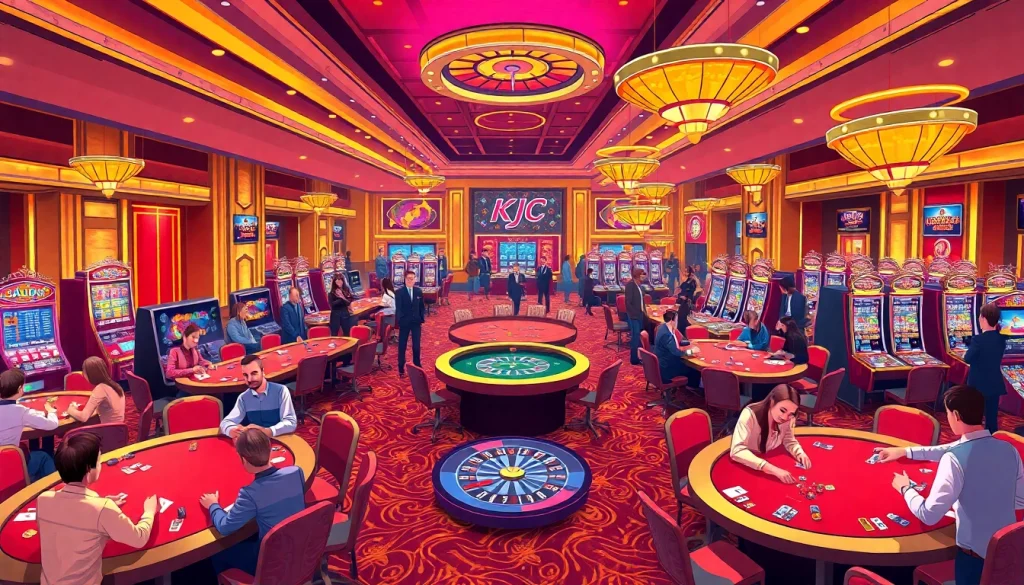 KJC Jackpot Palace filled with enthusiastic players at poker and blackjack tables, showcasing the thrill of casino gaming.