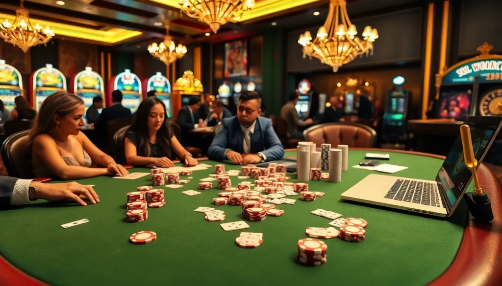 High-stakes poker at a lavish casino illustrating the S8 gaming experience with excitement and professional ambiance.