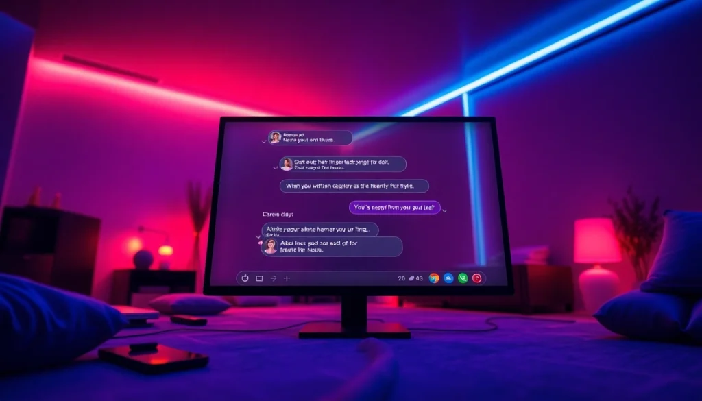 Engaging ai chat porn scene with a realistic AI chatbot in a modern, ambient-lit room.
