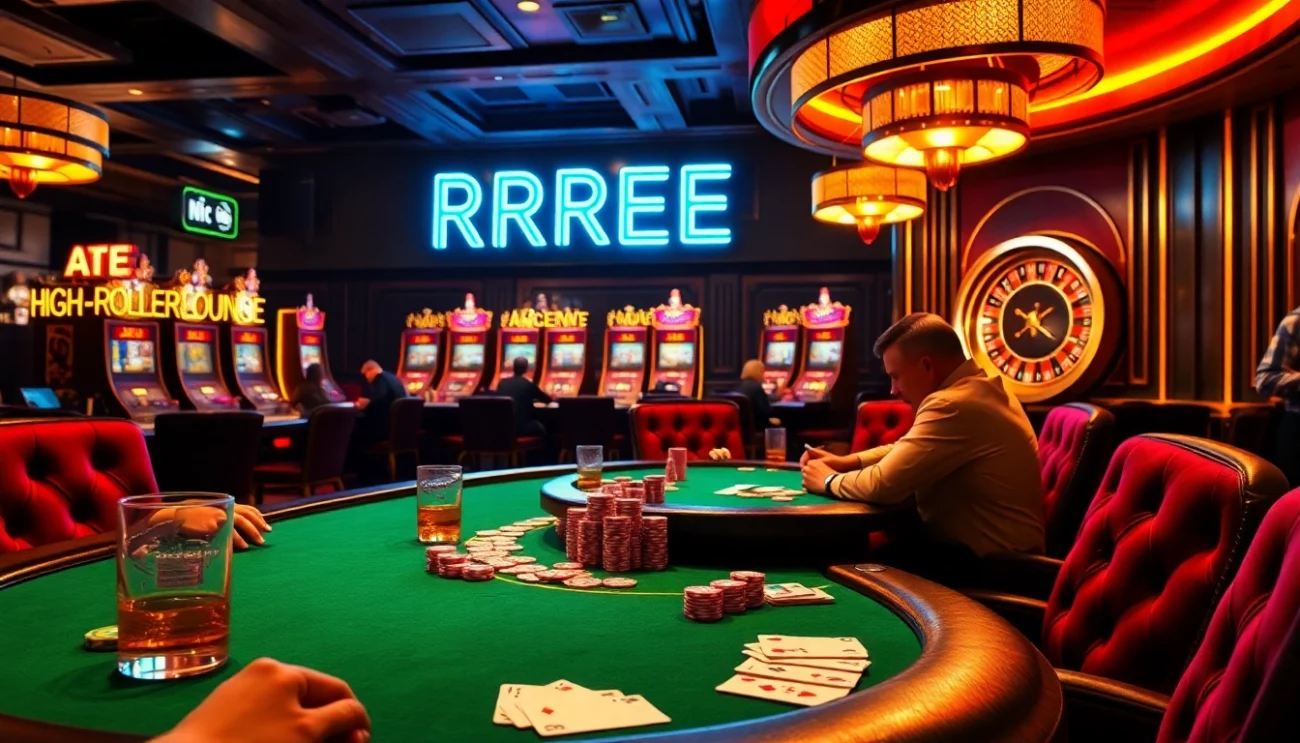 Experience the thrilling atmosphere of a casino with RREE at a high-stakes poker table, where players engage intensely while surrounded by luxurious decor.
