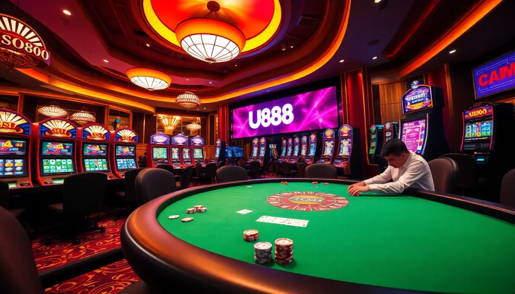 Experience the thrill of UU88 with players enjoying a poker game surrounded by bright slot machines in a luxurious casino.
