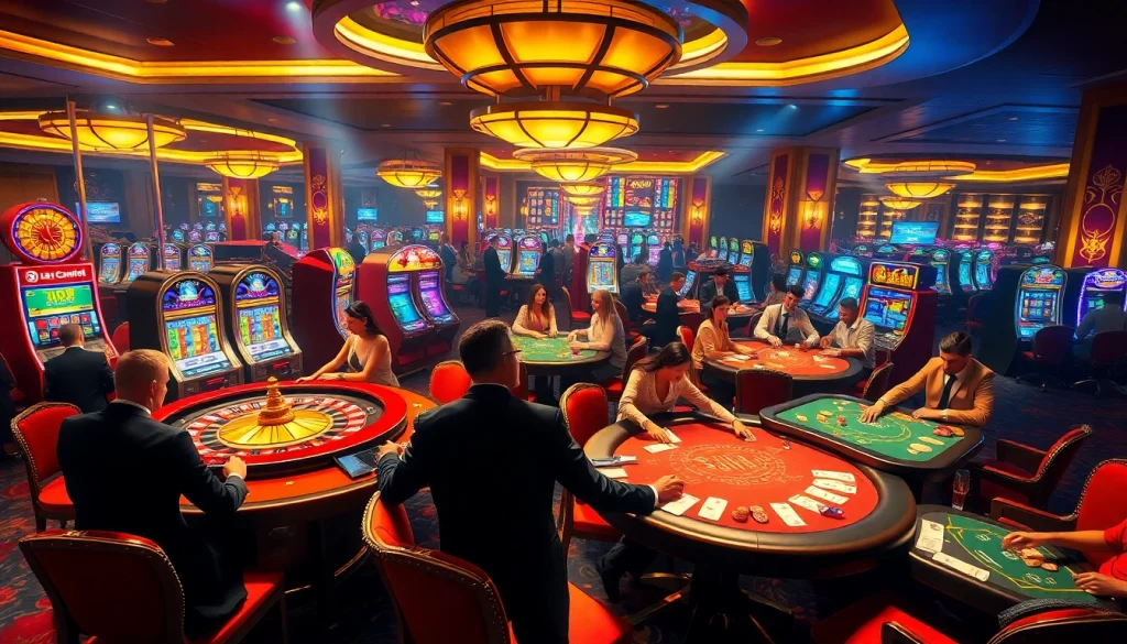 SHBET casino scene showcasing players at blackjack and roulette tables, capturing the thrill of gaming.