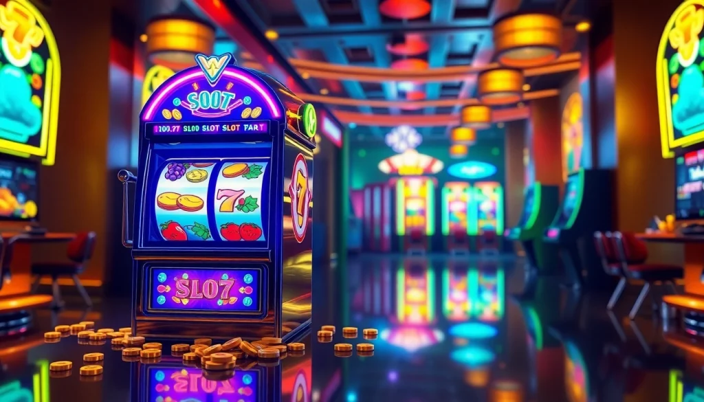 Exciting slot hoki game scene showcasing a vibrant digital slot machine with colorful symbols and ambient lighting.