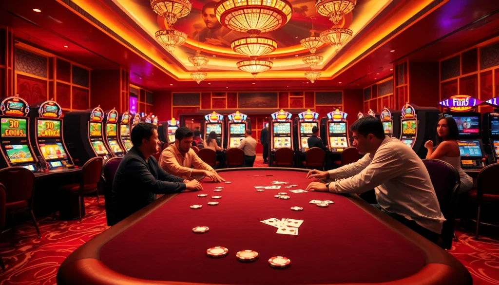 Experience the thrill of fun88 as players engage at a vibrant casino poker table surrounded by slot machines.