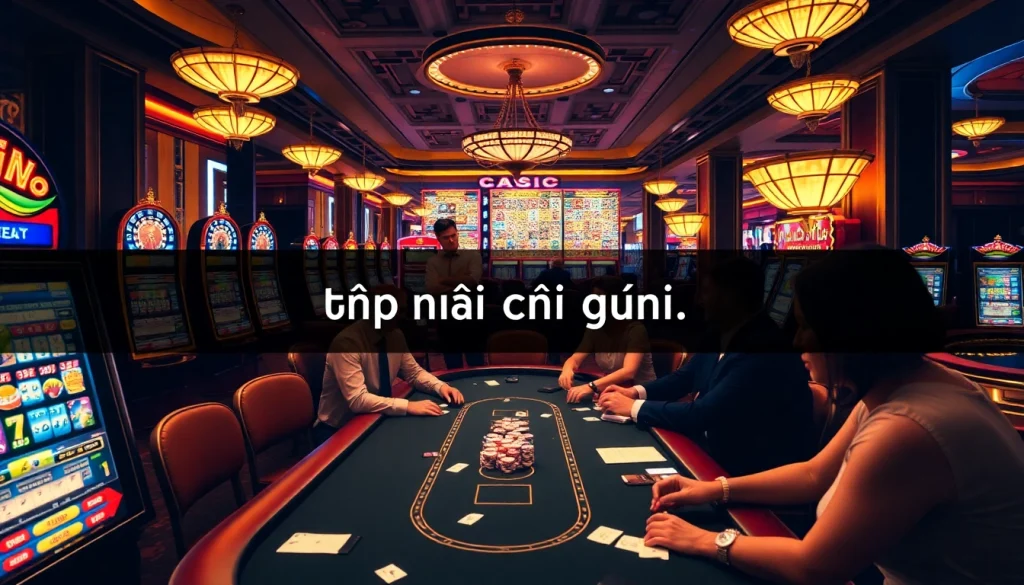 Vibrant scene of top 10 nhà cái uy tín showcasing luxurious casino gaming with poker tables and slot machines.