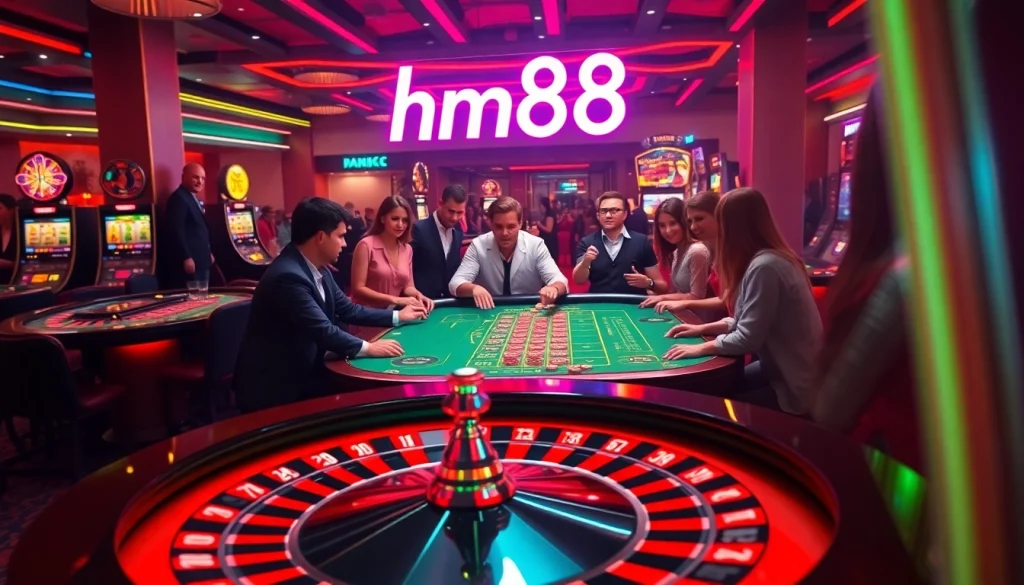 "Players at a bustling casino with hm88 chips on a roulette table, showcasing vibrant gambling excitement."